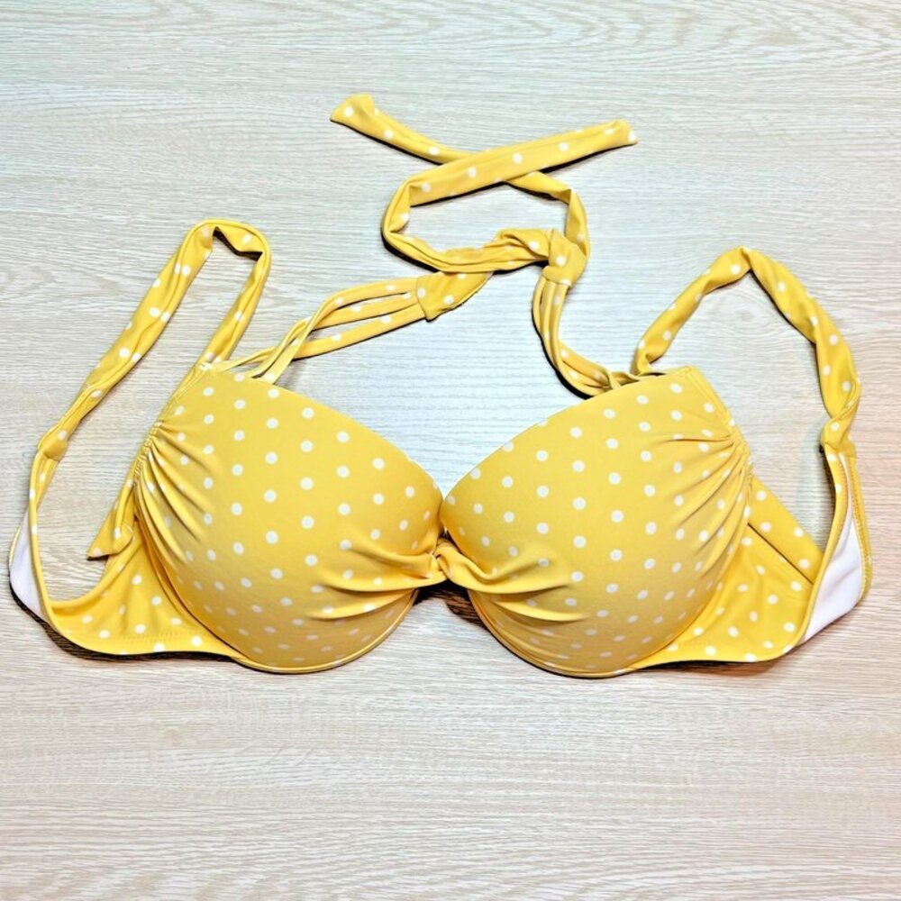 California Waves Bikini Top D/DD Halter Tie Padded Formed Cup Yellow Polka Dot